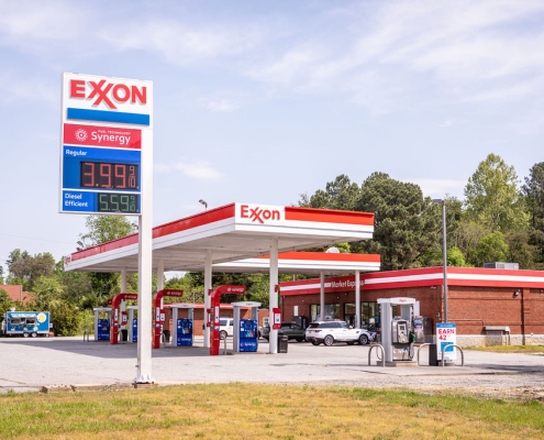 View of Exxon gasoline and diesel fuel station from the street