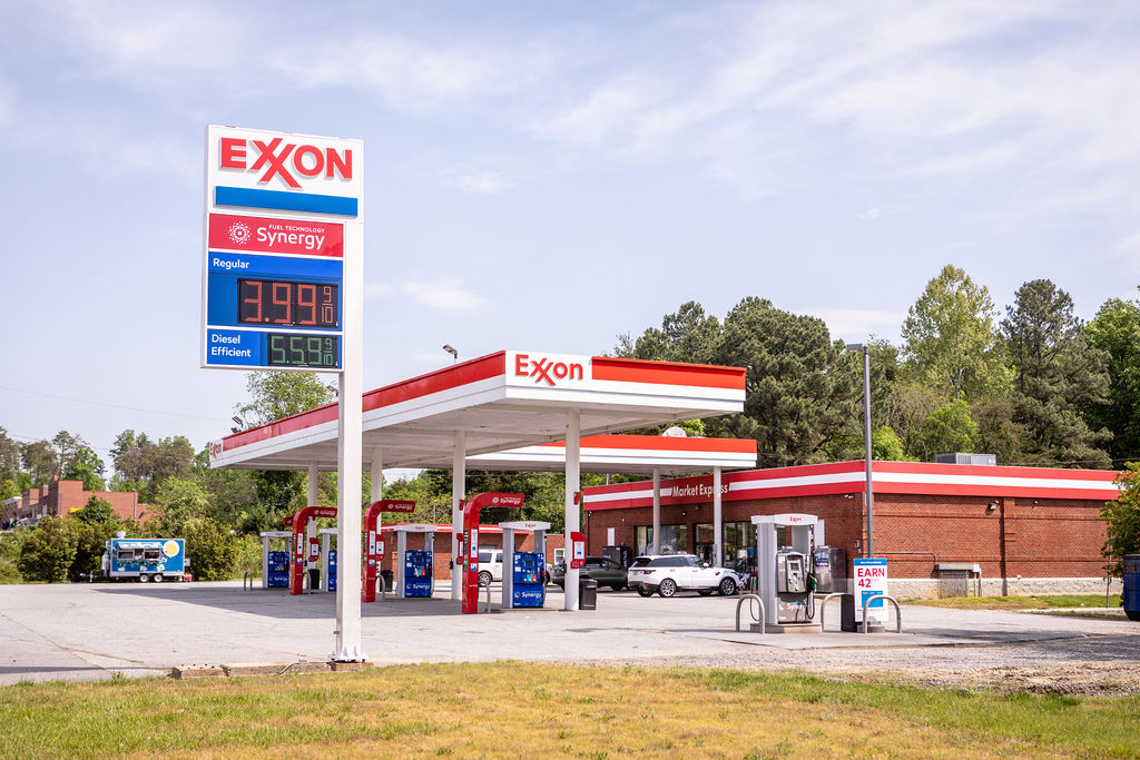 View of Exxon gasoline and diesel fuel station from the street